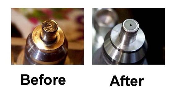 Fuel Injector Pintle Tip Before and After Cleaning