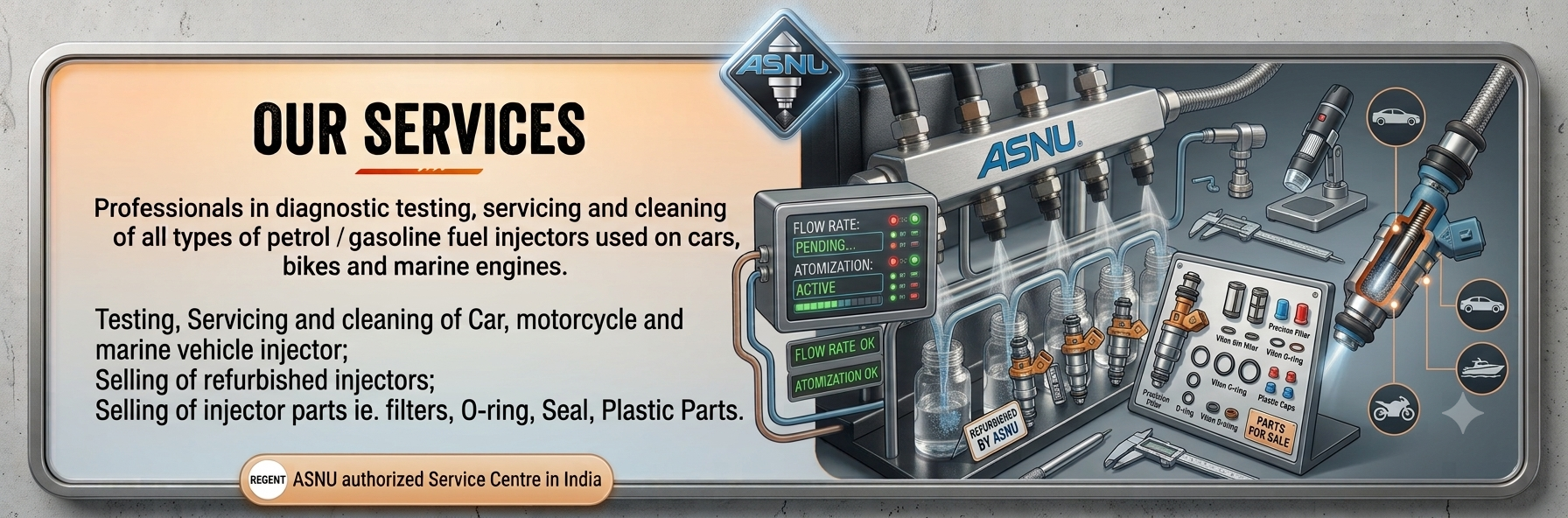 Our Services — Regent Fuel Injectors: professionals in diagnostic testing, servicing and cleaning of all types of petrol and gasoline fuel injectors used on cars, bikes and marine engines. ASNU authorized Service Centre in India.